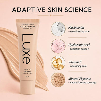 LUXE Color-Changing Foundation for Women | Instantly Blends with Your Skin Tone | Buildable Light-to-Medium or Medium-to-Deep Coverage | 12-Hour Wear | Natural Dewy Finish