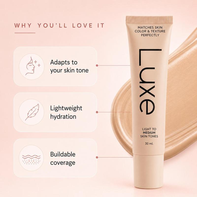 LUXE Color-Changing Foundation for Women | Instantly Blends with Your Skin Tone | Buildable Light-to-Medium or Medium-to-Deep Coverage | 12-Hour Wear | Natural Dewy Finish