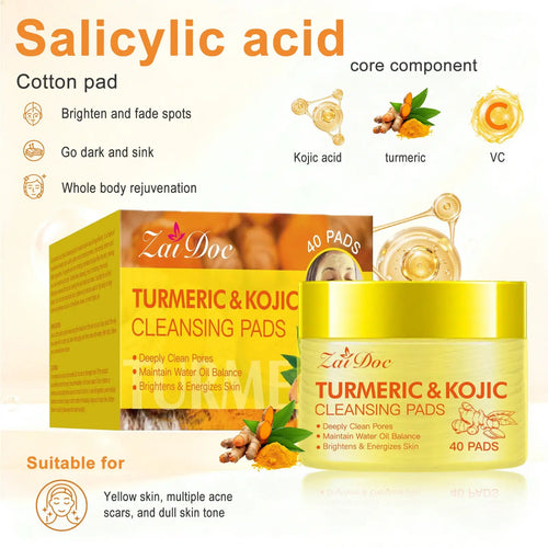 Turmeric & Kojic Acid Cleansing Pads 40 Pads – Deep Pore Clean, Oil Balance, Blemish Care, Hydrating Brightening Facial Pads