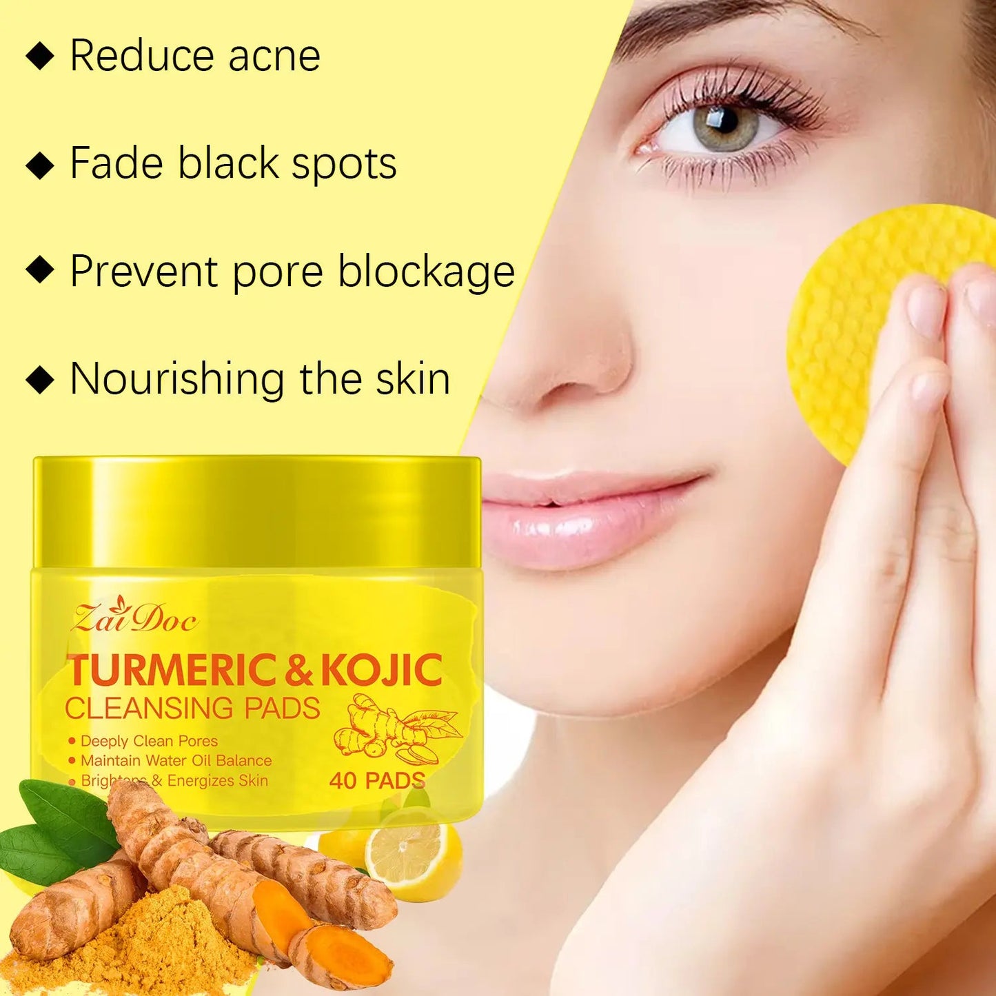Turmeric & Kojic Acid Cleansing Pads 40 Pads – Deep Pore Clean, Oil Balance, Blemish Care, Hydrating Brightening Facial Pads